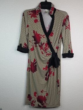 Emma & Michele Cream Midi Wrap Dress with Red Floral and Black Trim